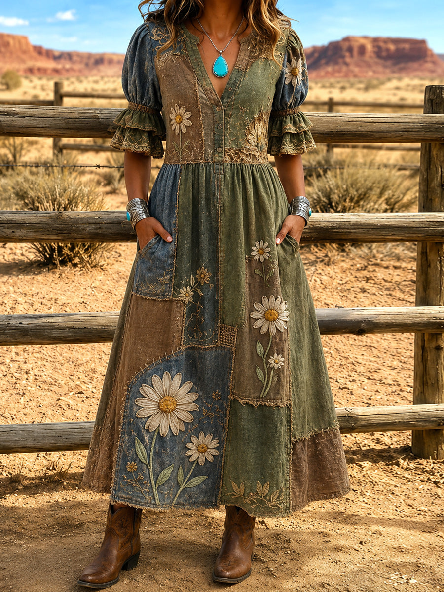 Women's Retro Hippy Art Print Washed Cotton Lace Patchwork Midi Dress